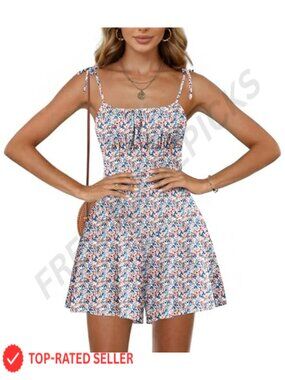 Boho Floral Smocked Romper Women Sleeveless Backless Adjustable Straps Summer